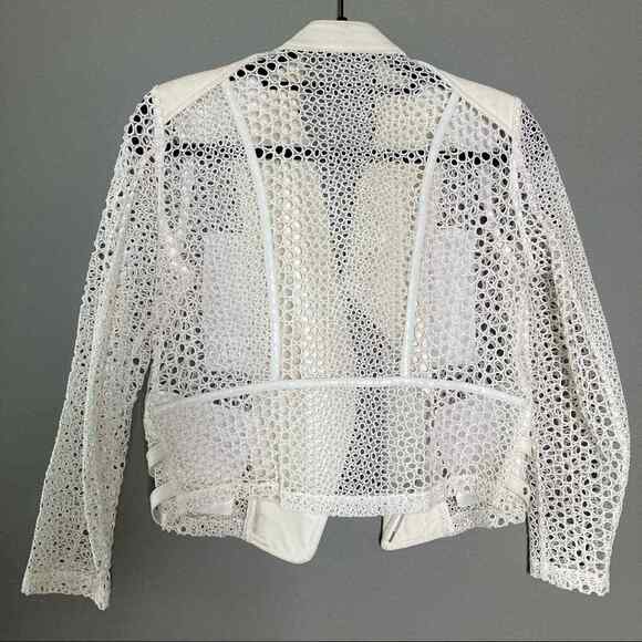 Yigal Azrouel Moto Jacket Size 4 All Over Netting Crochet Lace Leather white - Picture 3 of 11
